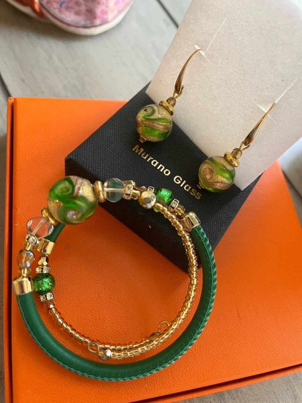 Murano Green and Gold Swirl Earrings and Bracelet(leather)